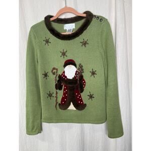 1990s Mandal Bay Santa Snowflakes Christmas Woodland Faux Fur Collar Sweater S